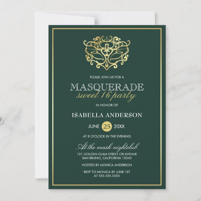 Emerald Green & Gold Masquerade Sweet 16 Party Magnetic Invitation (Front)