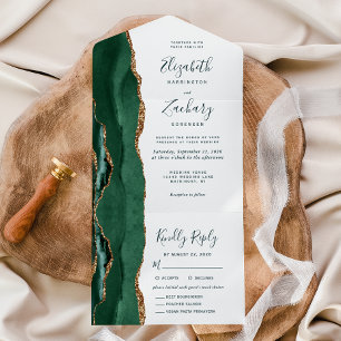 Emerald Green Gold Meal Options Wedding All In One Invitation