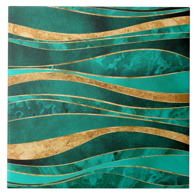 Emerald Green Gold Metallic Wavy Abstract Ceramic Tile (Front)