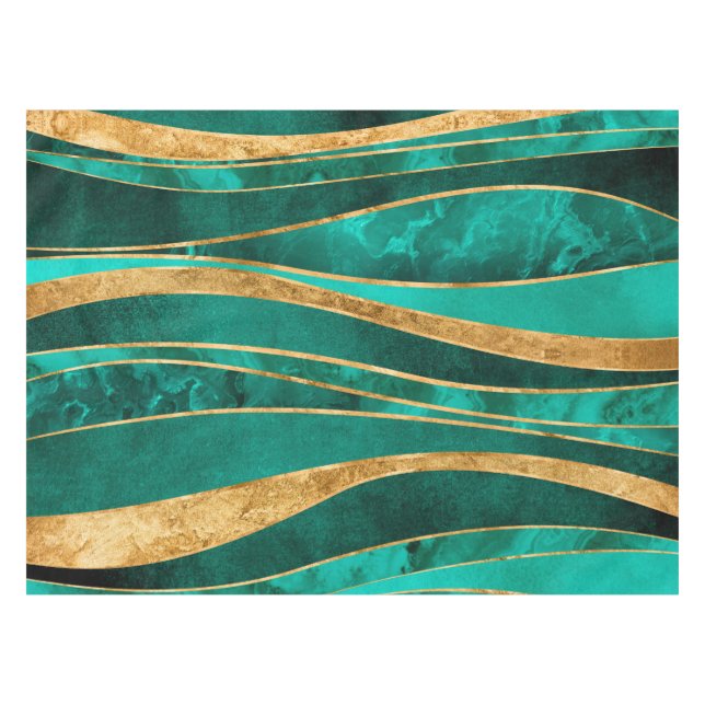 Emerald Green Gold Metallic Wavy Abstract Tablecloth (Front (Horizontal))
