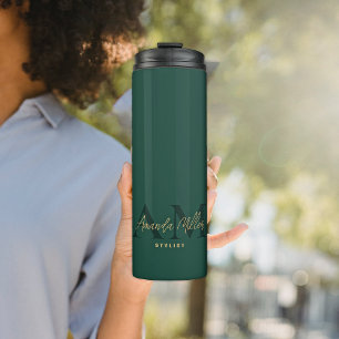 Emerald Green Gold Modern Custom Monogram Minimal Thermal Tumbler