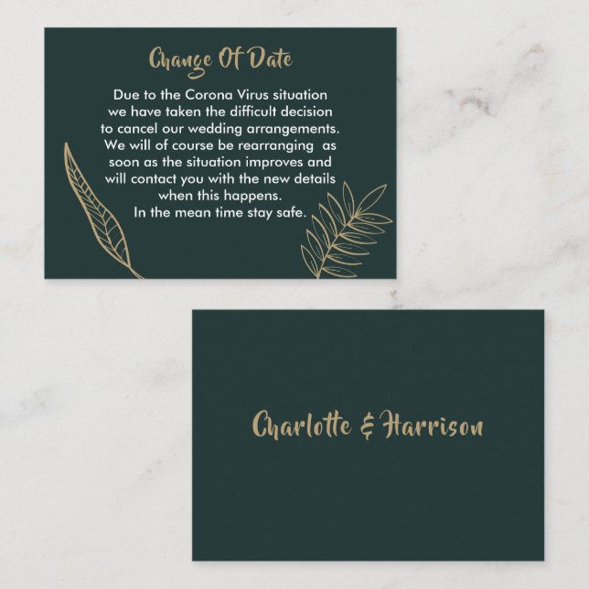 Emerald Green Gold Modern Drawn Leaves Wedding Enclosure Card (Front/Back)