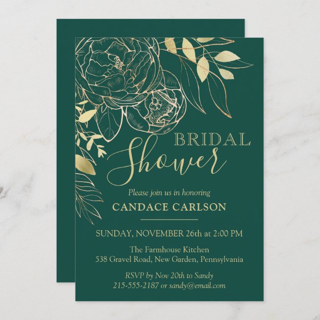 Emerald Green & Gold Modern Floral Bridal Shower Invitation (Front/Back)