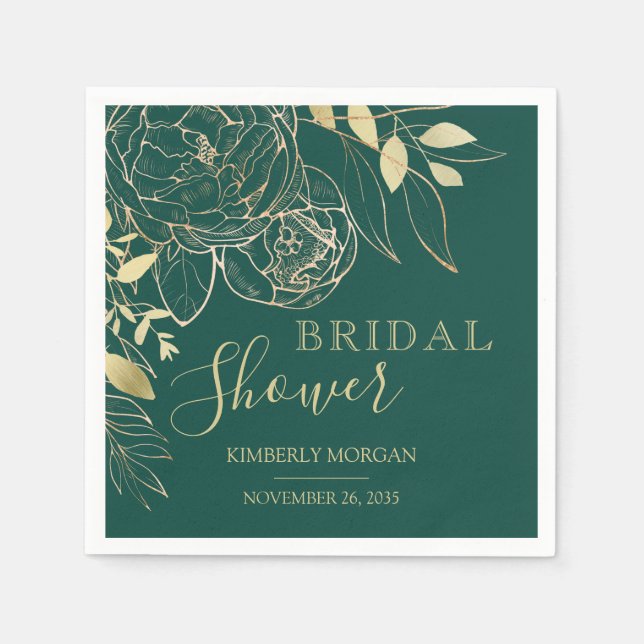 Emerald Green & Gold Modern Floral Bridal Shower N Napkin (Front)
