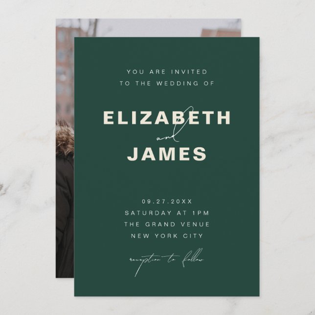Emerald Green & Gold Modern Minimalist Wedding Invitation (Front/Back)
