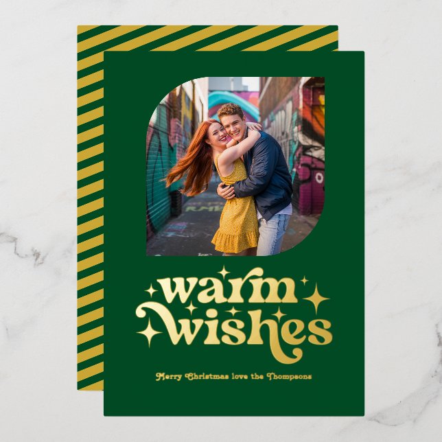 Emerald Green & Gold Modern Retro Christmas Photo Foil Holiday Card (Front/Back)