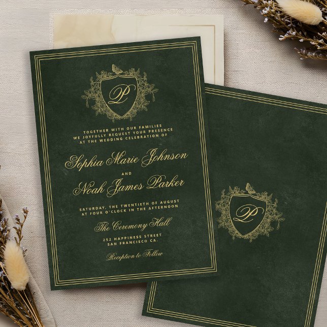 Emerald green gold monogram wedding invitation (Creator Uploaded)