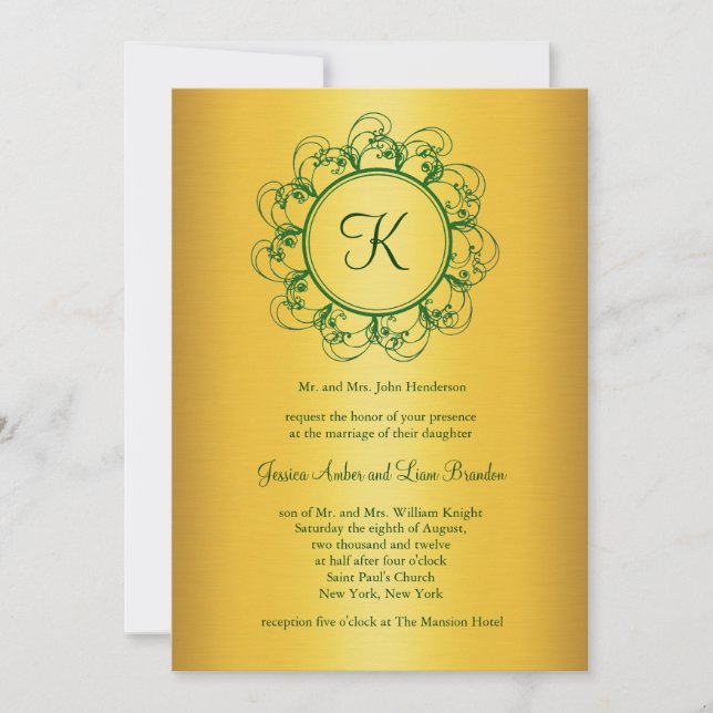 Emerald Green & Gold Monogram Wedding Invitation (Front)