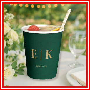 Emerald Green & Gold Monogram Wedding Paper Cups