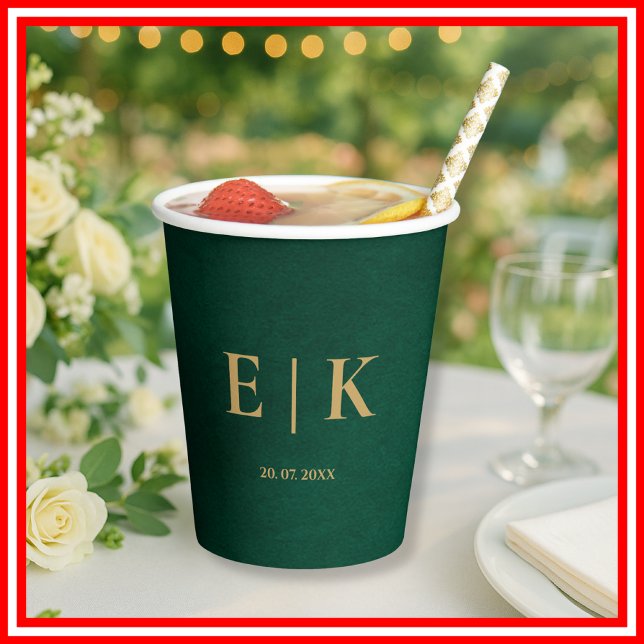 Emerald Green & Gold Monogram Wedding Paper Cups (Creator Uploaded)