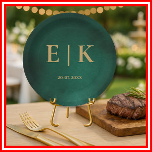 Emerald Green & Gold Monogram Wedding Paper Plate