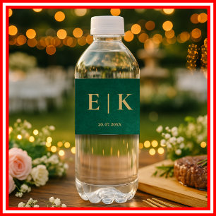 Emerald Green & Gold Monogram Wedding Water Bottle Label