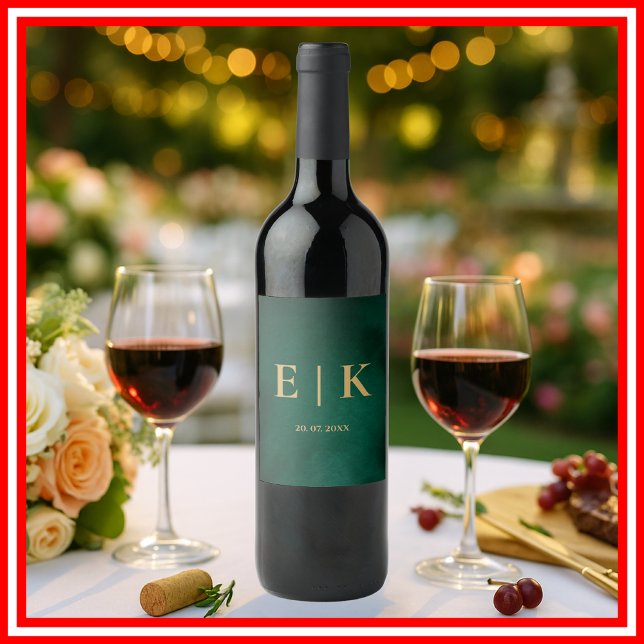 Emerald Green & Gold Monogram Wedding Wine Label (Creator Uploaded)