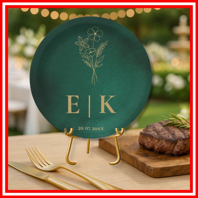 Emerald Green & Gold Monogram Wildflower Wedding Paper Plate (Creator Uploaded)