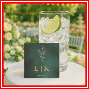 Emerald Green & Gold Monogram Wildflower Wedding Stone Coaster