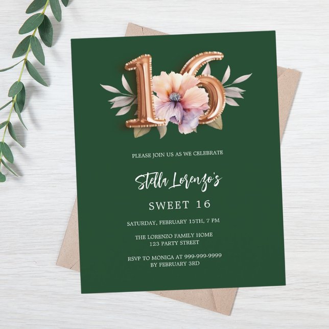 Emerald green gold peach floral budget Sweet 16 (Creator Uploaded)