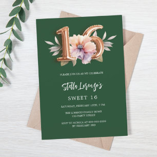Emerald green gold peach floral Sweet 16 luxury Invitation