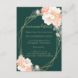 Emerald Green Gold Peach Floral Wedding Details Enclosure Card
