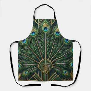 Emerald Green Gold Peacock Feathers Art Deco Apron