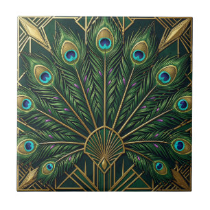 Emerald Green Gold Peacock Feathers Art Deco Ceramic Tile