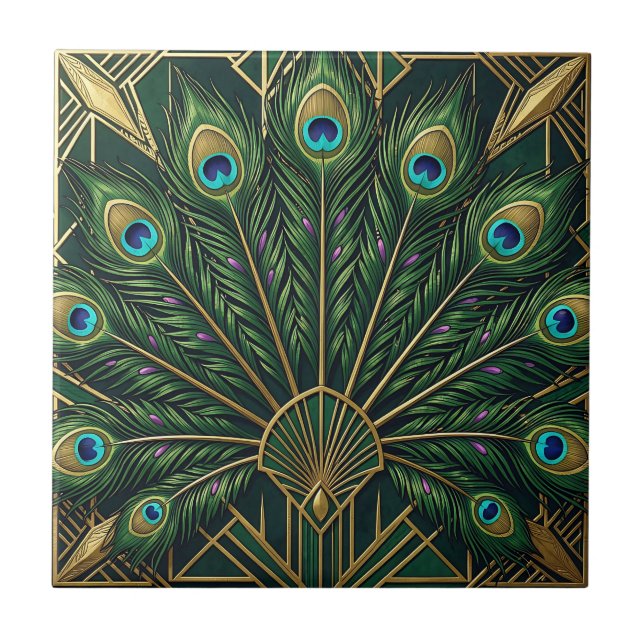Emerald Green Gold Peacock Feathers Art Deco  Ceramic Tile (Front)