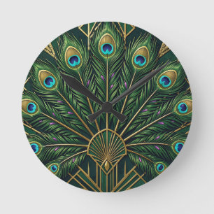 Emerald Green Gold Peacock Feathers Art Deco Round Clock