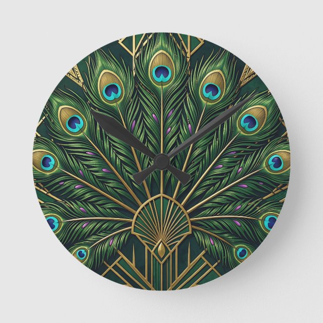 Emerald Green Gold Peacock Feathers Art Deco  Round Clock (Front)