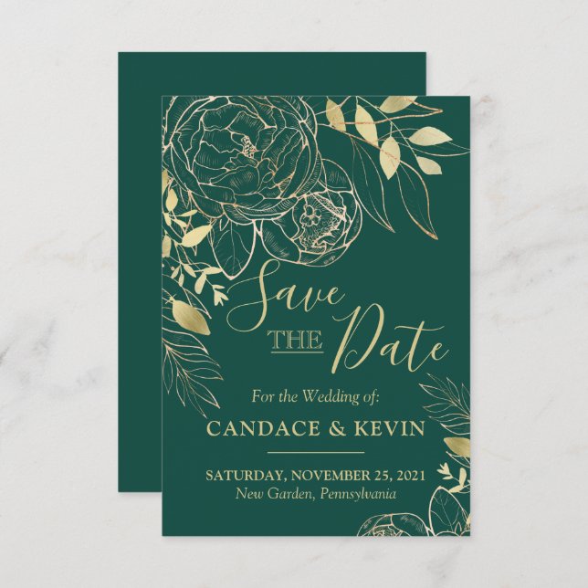 Emerald Green & Gold Peony Modern Floral Wedding Save The Date (Front/Back)