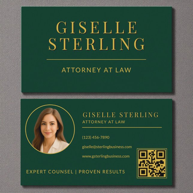 Emerald Green Gold Photo Attorney at Law QR Code Business Card (Creator Uploaded)