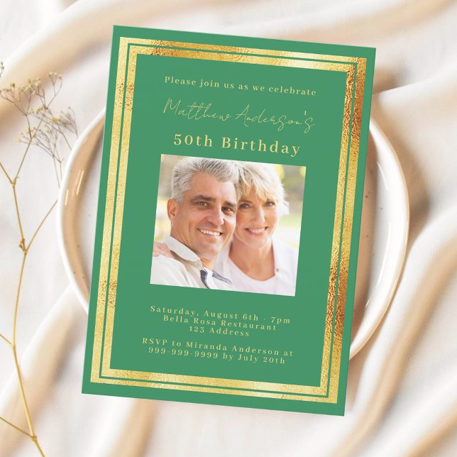 Emerald green gold photo birthday invitation (Creator Uploaded)