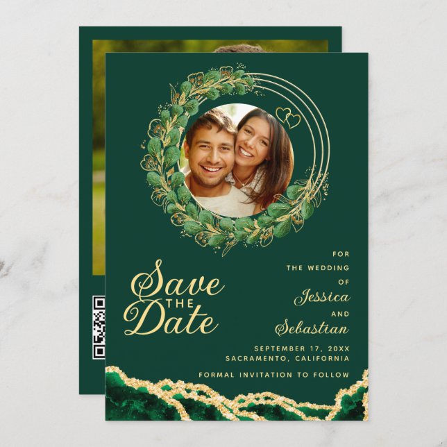 Emerald Green & Gold Photo QR Code Elegant Save The Date (Front/Back)