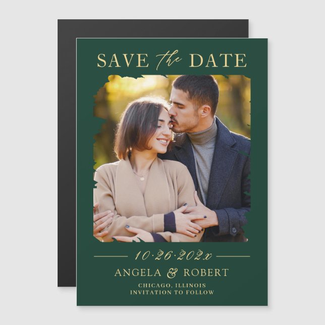 Emerald Green Gold Photo Save the Date Magnet (Front/Back)