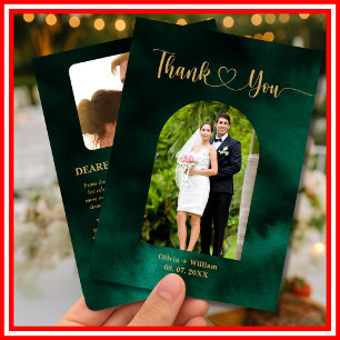 Emerald Green & Gold Photo Wedding Thank You Card