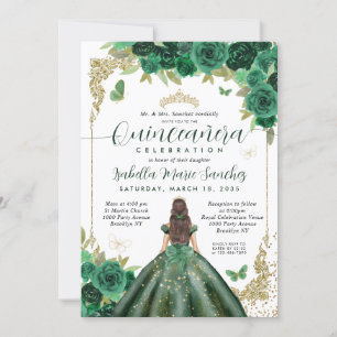 Emerald Green Gold Princess Floral Quinceañera Invitation