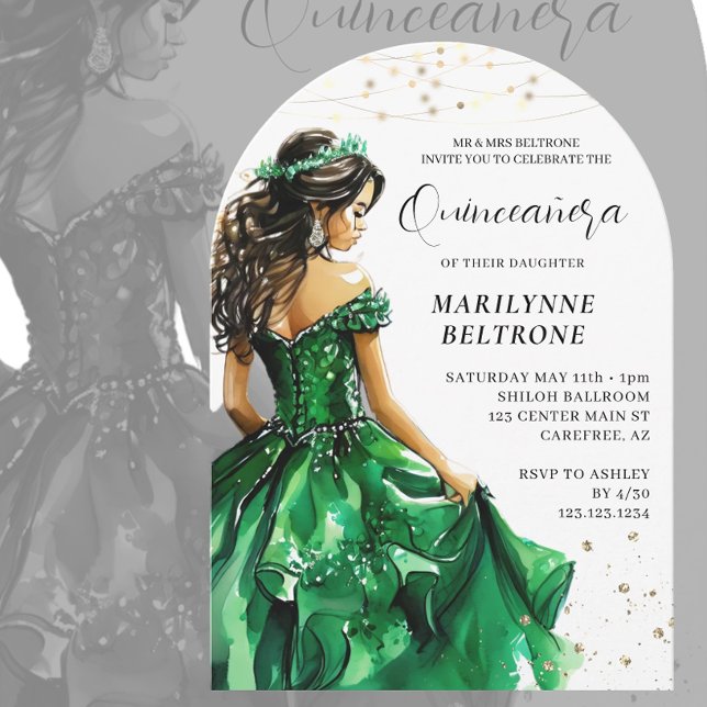 Emerald Green Gold Princess Quinceañera Invitation (Creator Uploaded)