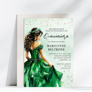 Emerald Green Gold Princess Quinceañera Invitation