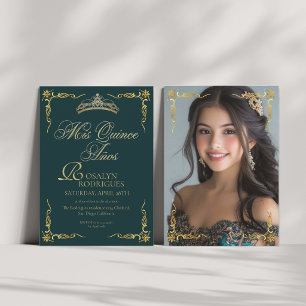 Emerald Green Gold Princess Quinceanera Photo Invitation