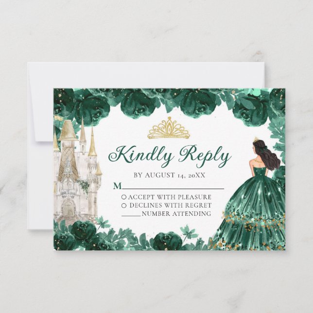 Emerald Green Gold Princess Quinceañera RSVP Card (Front)