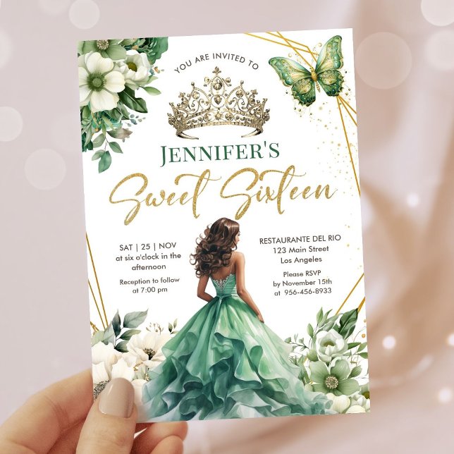Emerald Green Gold Princess Tiara Floral Sweet 16 Invitation (Creator Uploaded)