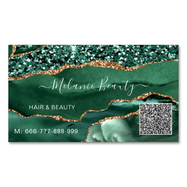 Emerald Green Gold QR Code Business Card Magnet (Front)