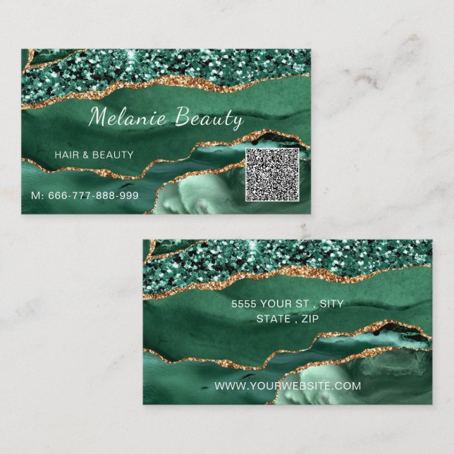 Emerald Green Gold QR Code Business Card Template (Front/Back)