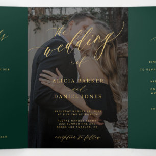 Emerald green gold QR code RSVP photo wedding Tri-Fold Invitation