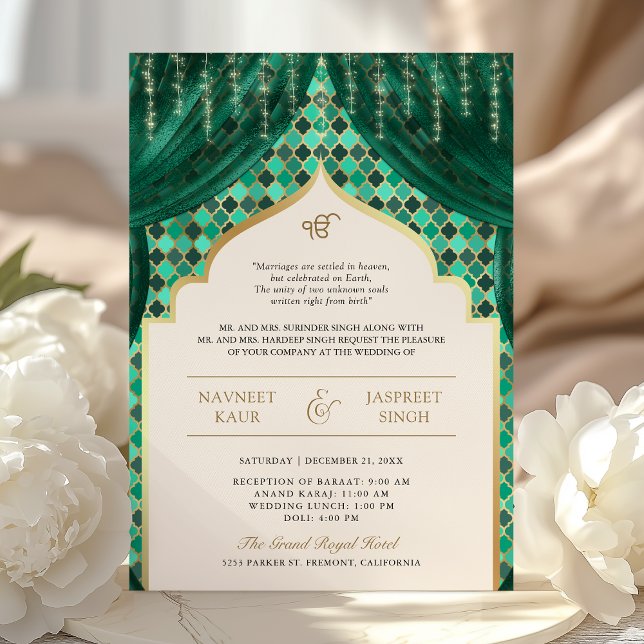 Emerald Green Gold Quatrefoil QR Code Sikh Wedding Invitation (Creator Uploaded)