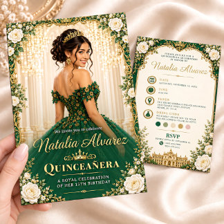 Emerald Green & Gold Quinceañera 15th Birthday Invitation