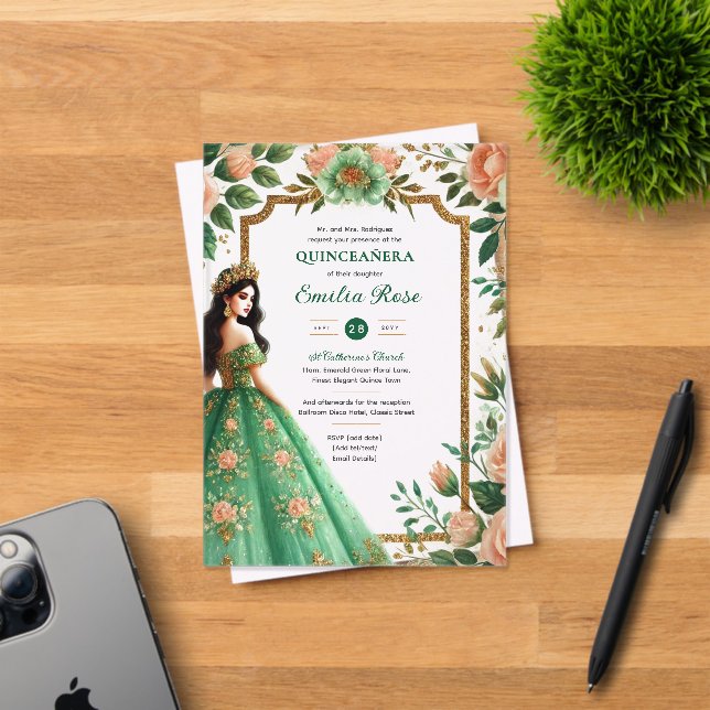 Emerald Green Gold Quinceanera Dress Flowers Acrylic Invitations (Insitu (Invitation Card))