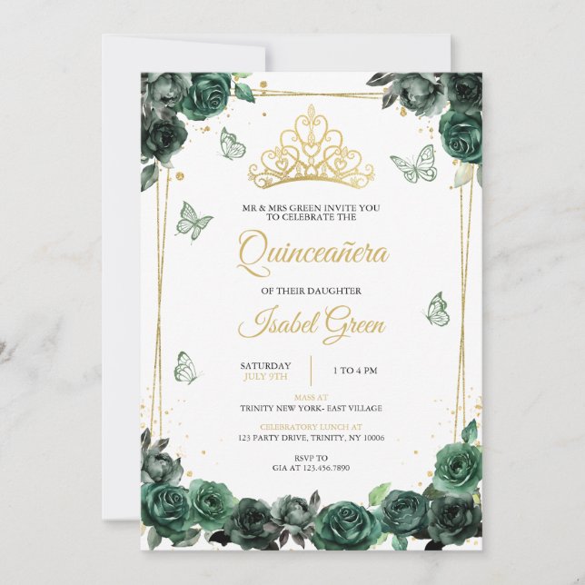 Emerald Green Gold Quinceañera Invitation (Front)
