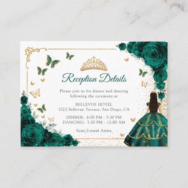 Emerald Green Gold Quinceanera Reception Details Enclosure Card (Front)