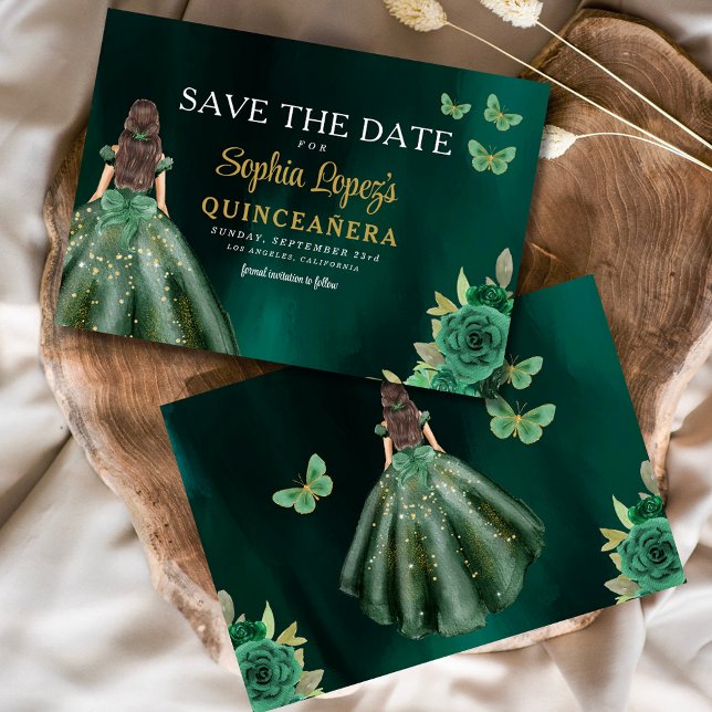 Emerald Green Gold Quinceanera Save The Date (Creator Uploaded)