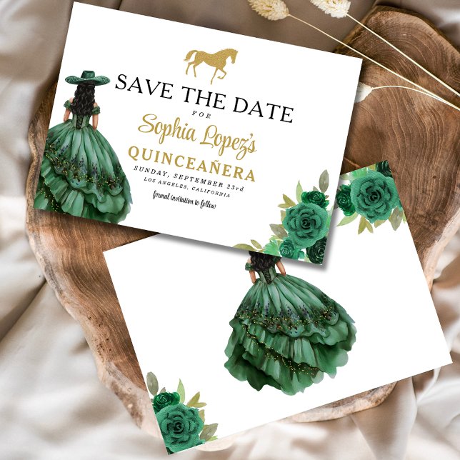 Emerald Green Gold Quinceanera Save The Date (Creator Uploaded)