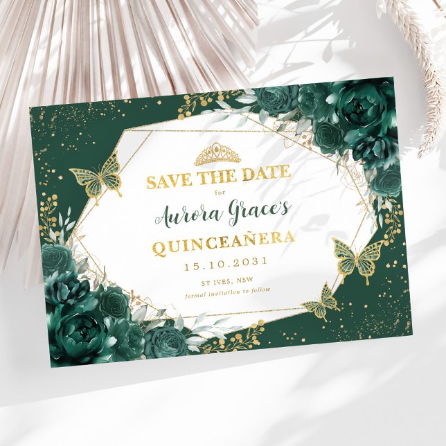 Emerald Green Gold Quinceanera Save the Date Announcement (Creator Uploaded)